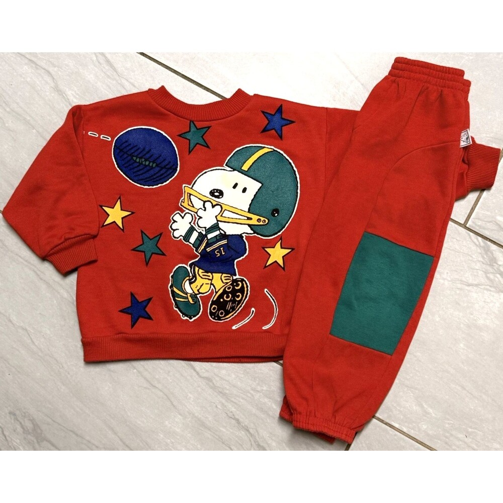 Vintage Peanuts Snoopy Football Red Long Sleeve Sweatsuit Set Sz 4 Fall Star VTG